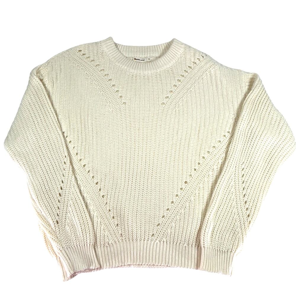 Marine Layer Ramona Pointelle Cotton Crewneck Fisherman Sweater M Cream Ivory